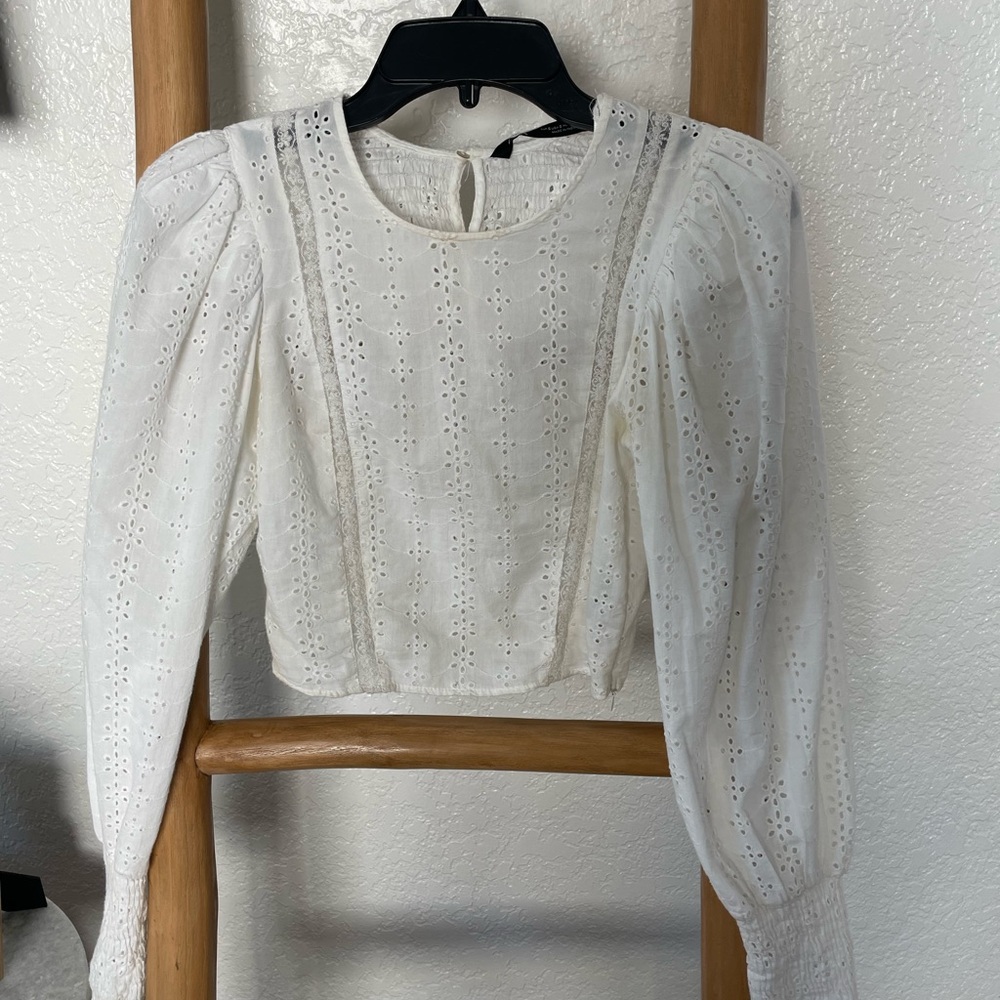 Zara White Eyelet Puff-Sleeve Cropped Blouse